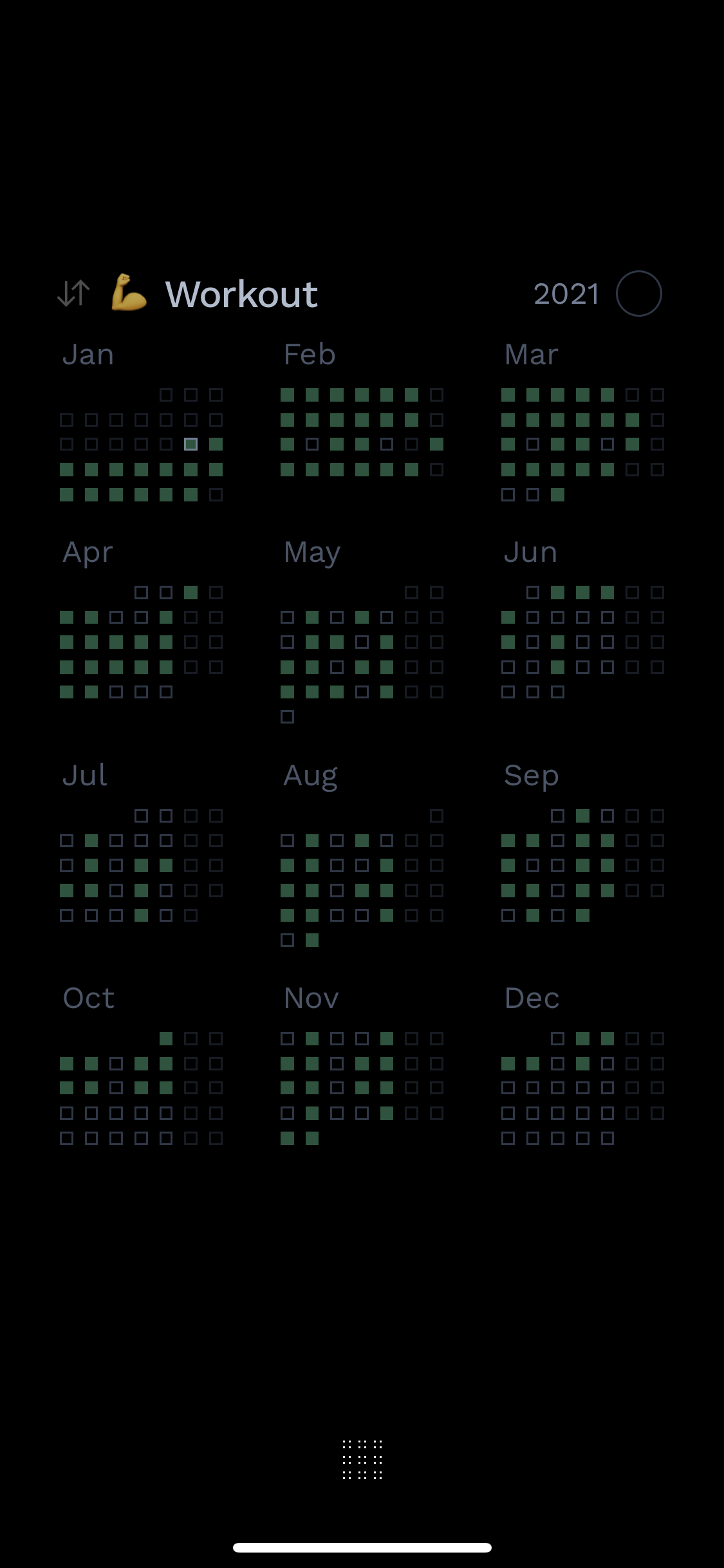 Screenshot of Blocks app showing workout habit throughout 2021