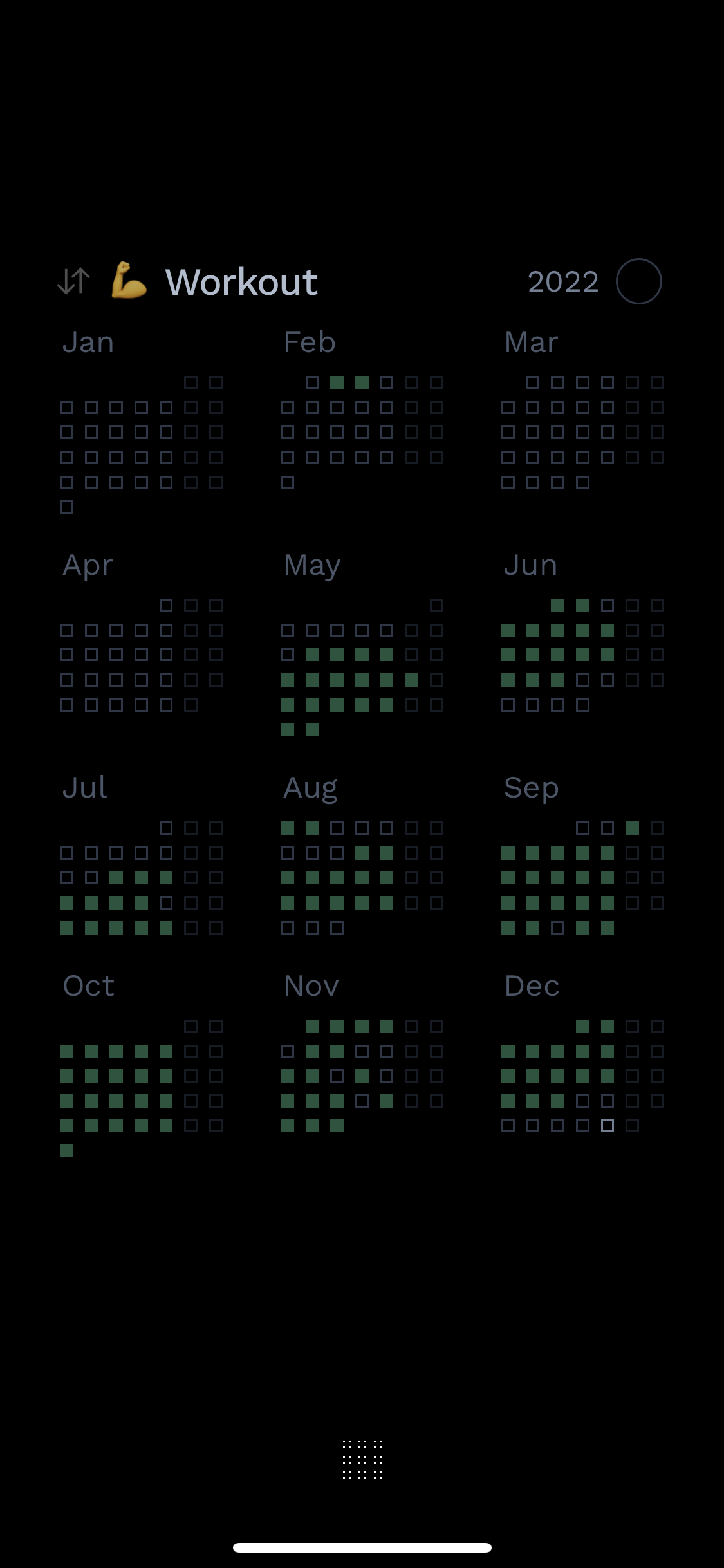 Screenshot of Blocks app showing workout habit throughout 2022